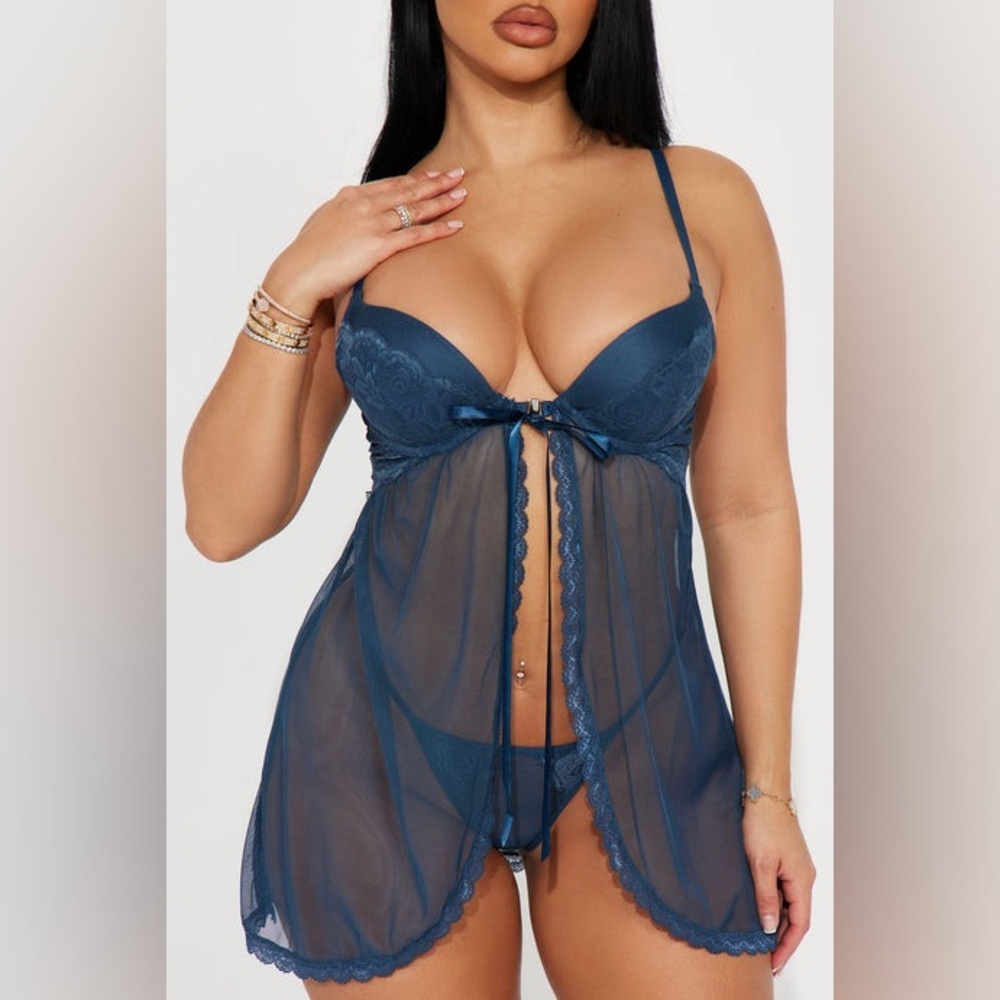 Fashion Nova Sheer Lace Babydoll Chemise in Teal Medium